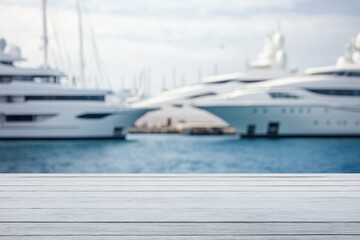 Fototapeta premium Empty wooden deck, yachts in harbor