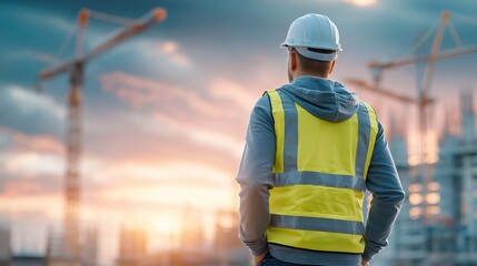 A worker wearing a hard hat and vest looks at buildings and cranes under construction at sunset.