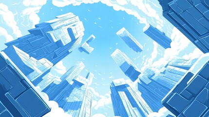Obraz premium Blue Skyscraper Cityscape with Clouds from Worm's-Eye View Illustration