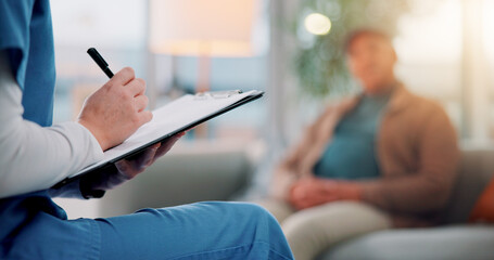 Writing, clipboard and hands of nurse with old man on sofa for counseling, dementia rehabilitation...