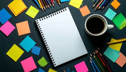 Diario de arte en blanco rodeado de pegatinas de colores y lápices con una taza de café; lugar para texto o logotipo, listo para usar, revista inspiradora