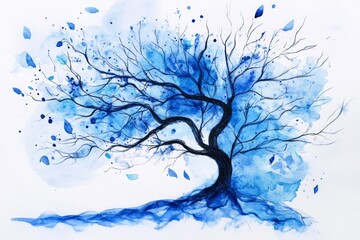 Watercolor Pen Sketch of a Tree with Blue Tones and Leaf Details