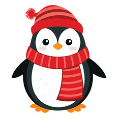 A cute penguin wearing a red hat and a striped scarf 
