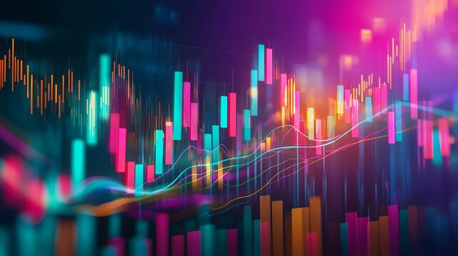 Brightly colored financial data charts with lines and columns present an abstract display of market statistics and trends.