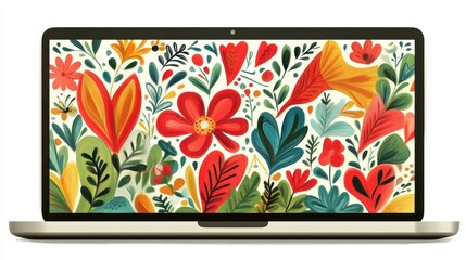 Laptop displaying a vibrant floral pattern digital artwork modern computer illustration and colorful blossoms spring garden screen design