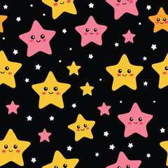 seamless pattern with cute stars on a black background.
