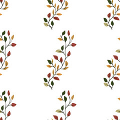 A vector seamless pattern featuring delicate branches with colorful leaves in shades of green, yellow, orange, and red on a white background.
