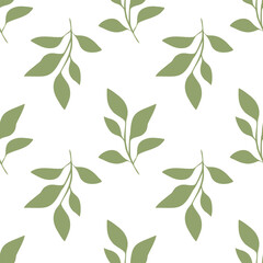 A vector seamless pattern featuring stylized green leaves on a white background, creating a fresh and natural aesthetic.