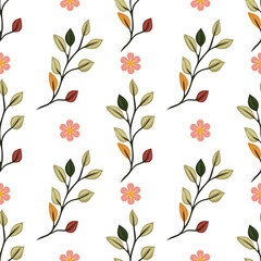 A vector seamless pattern featuring stylized leaves and flowers in soft colors on a white background. The design includes green leaves, orange and red accents, and pink flowers.
