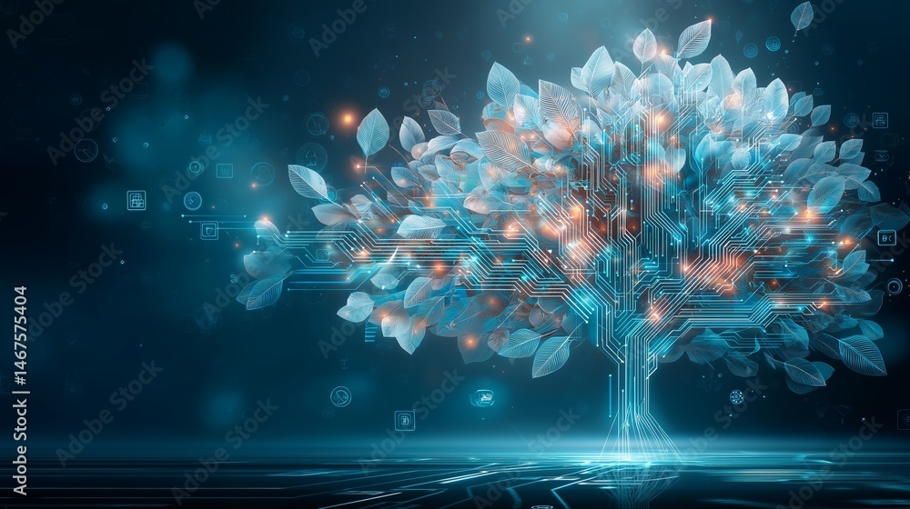 Poster a tree with circuit board patterns and leaves stands on a digital surface against a dark blue backgr