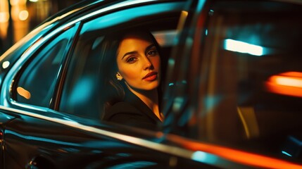 Woman gazing thoughtfully from a car at night city lights