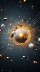 A space scene with a large ball surrounded by many smaller balls