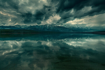 Fototapeta premium Dark storm clouds loom over the lake's horizon, hinting at a change in the nature's weather