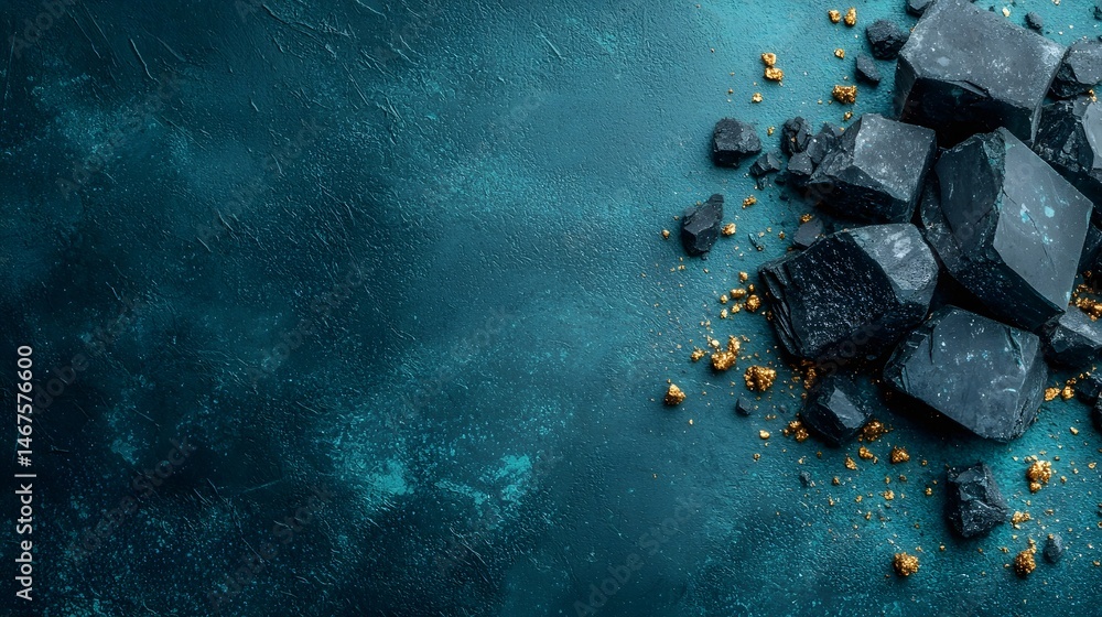 Poster Jagged fragments of crushed scandium ore lie scattered on a smooth turquoise hued surface with soft gradient lighting highlighting the metallic luster and textural details