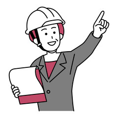 資料を持って遠くを指差すヘルメットをかぶった中年のスーツの女性