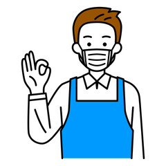 マスクをしてOKサインをするエプロン姿の男性