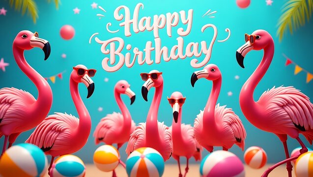 Happy Birthday, summer party, travel carnival festive celebration, funny animals card banner panorama - Group collection set of colorful flamingos with sunglasses, isolated on blue background