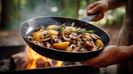 Person is holding a pan with mushrooms and potatoes in it. The pan is on a fire, and the person is cooking the food