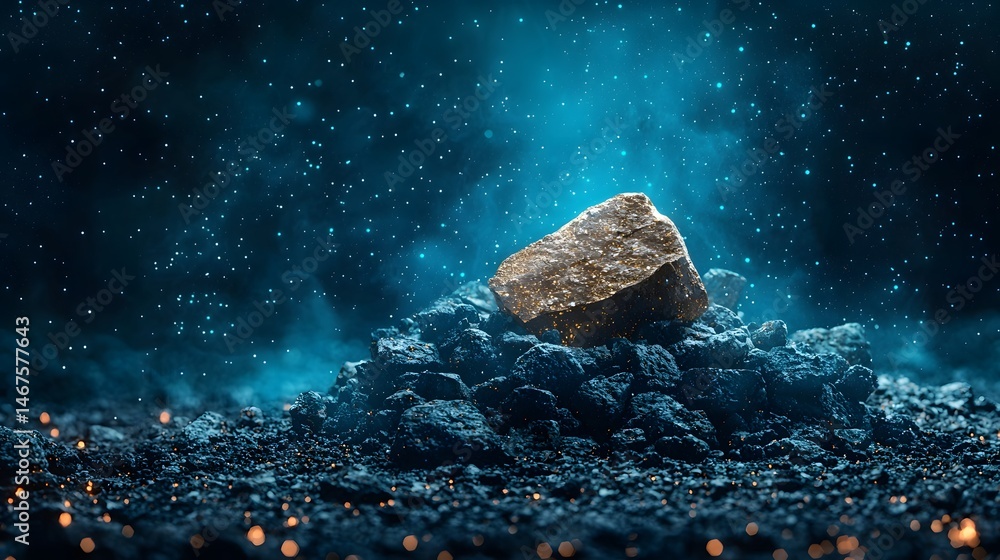 Poster a captivating image of a glowing mineral specimen illuminated by uv light against a dark starry back