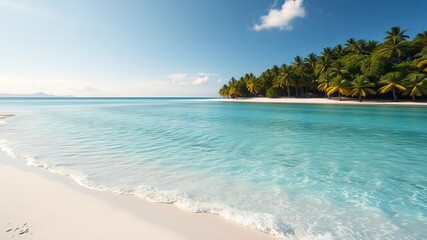 Fototapeta premium A pristine tropical beach with crystal-clear turquoise water gently lapping a white sand shore fed by lush palm trees under a vibrant blue sky.