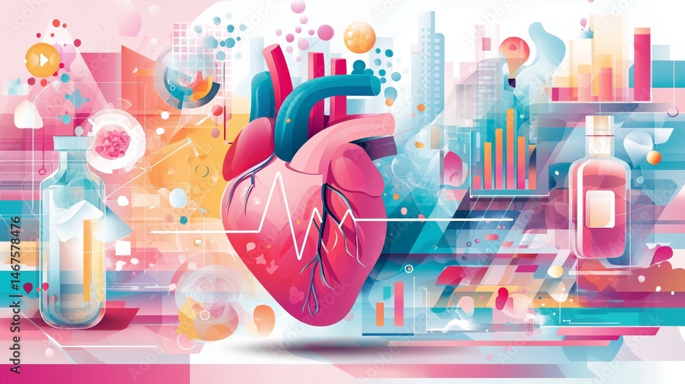Aufkleber a heart and data graphs appear with clear bottles in an abstract health and medical background art.