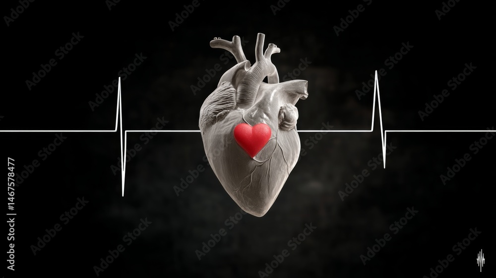 Poster heart with a red heart symbol is shown in front of an ecg line. the heart is surrounded by a black b