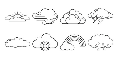 Cloud set of black line on white background. Natural weather symbol of rain.