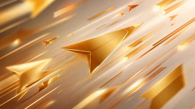 Golden arrow shapes are moving diagonally across the image, suggesting movement and direction on a light background.