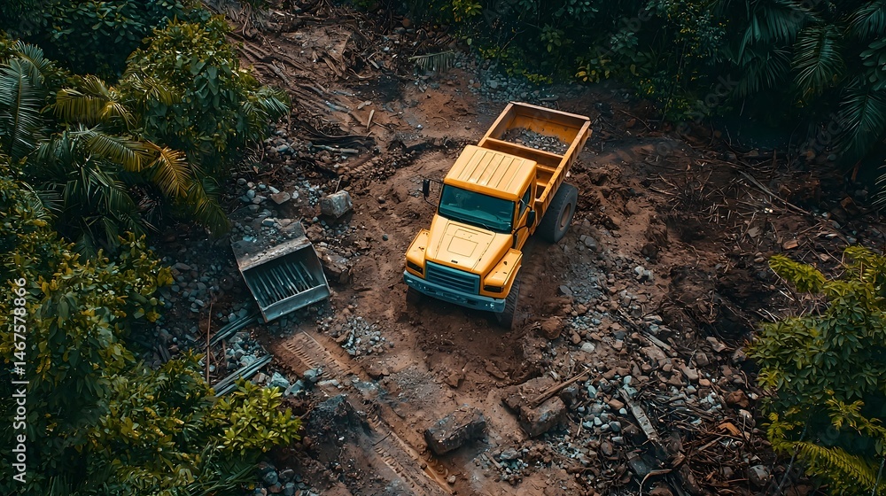Aufkleber aerial drone view of an active mining site in a remote forested location with heavy construction equ