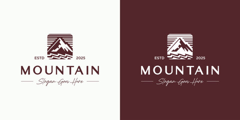 Square mountain outdoor logo design vector, Symbol emblem mount peak hill for nature view landscape with minimalist aesthetic usable for tour guide , travel, adventure Gear, expedition and identity