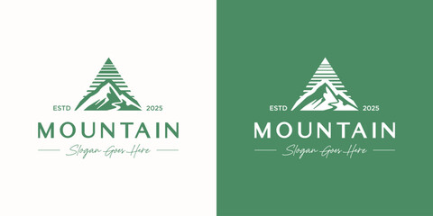 Triangle mountain outdoor logo design vector, Symbol emblem mount peak hill for nature view landscape with minimalist aesthetic usable for tour guide , travel, adventure Gear, expedition and identity