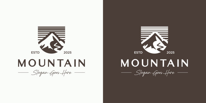 Mountain outdoor logo design vector, Symbol emblem mount peak hill for nature view landscape with minimalist aesthetic usable for tour guide , travel agency, adventure Gear, expedition and identity