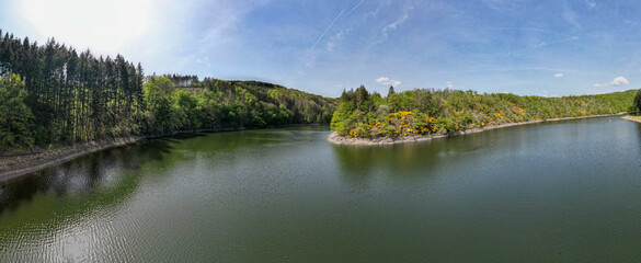 Halbinsel mit Fr&uuml;hlingsbl&uuml;te am Stausee inmitten von Waldlandschaft in Luxemburg
