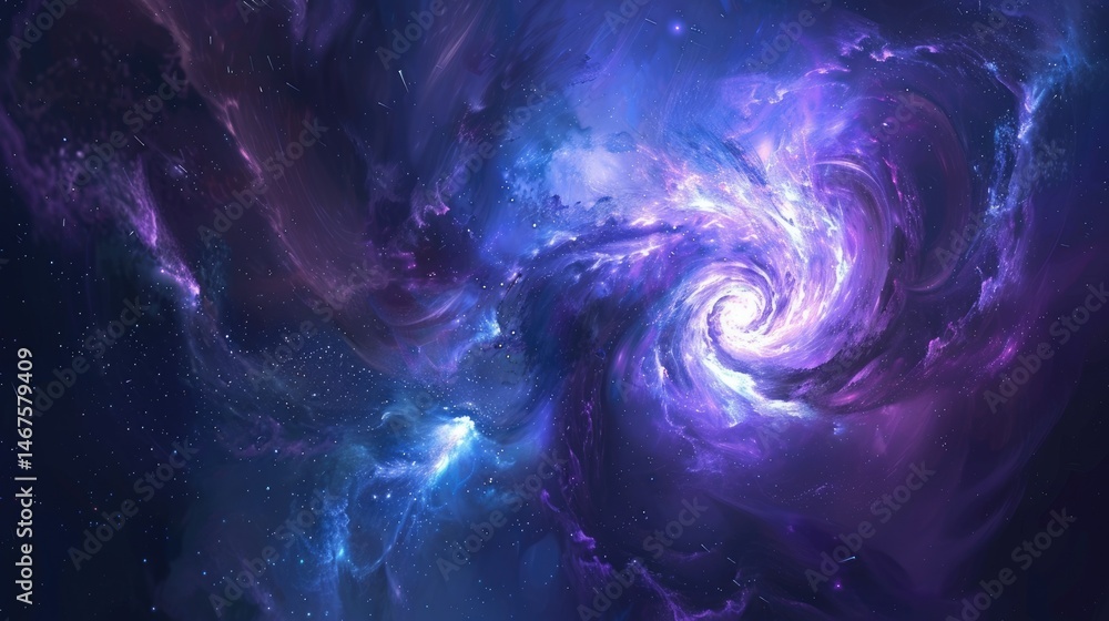 Poster galaxy scene of vibrant planet inside outer space orbit with vividness of light from nebula or star.
