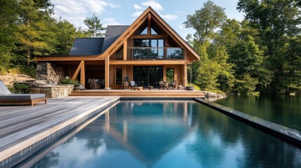 Luxurious modern cabin with pool overlooking a lake