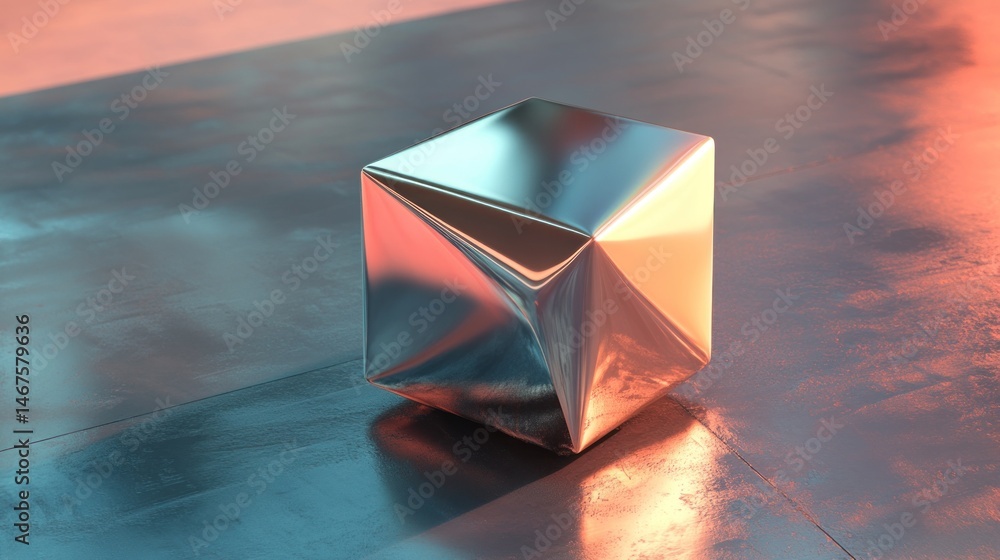 Poster abstract metallic cube reflecting light in a serene setting