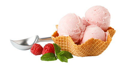 Raspberry ice cream scoops in waffle basket with ice cream scoop, raspberries, and mint on...
