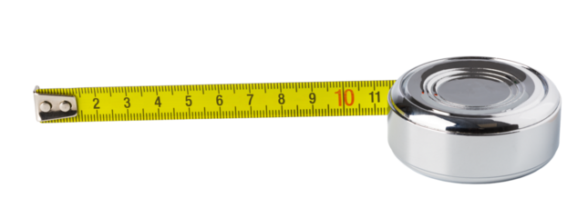 Yellow tape measure extended showing ten inches on transparent background