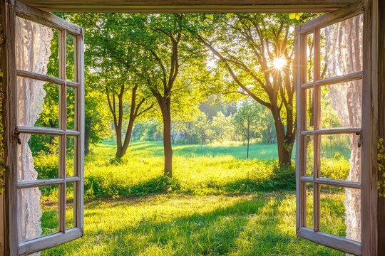 Fototapeta Springtime through a window. Lush green trees, vibrant yellow field