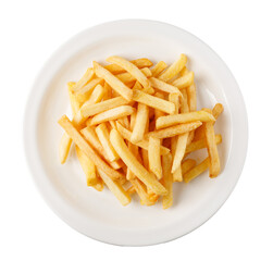 French fries filling a white plate on transparent background