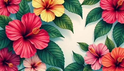 Bold vibrant hibiscus & tropical foliage repeat, colorful, orange