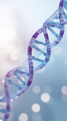 A close up of a DNA strand with a blue and purple color scheme