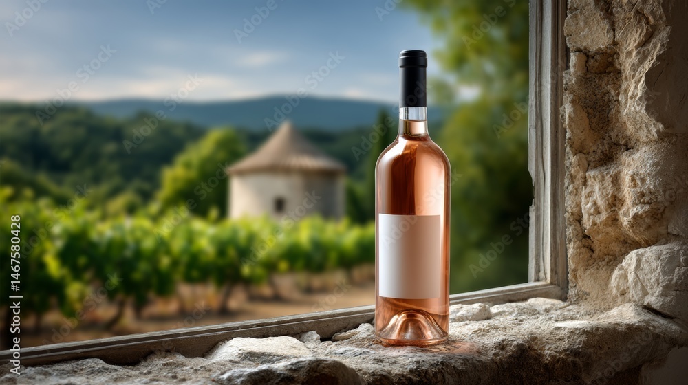 Poster bottle of wine is sitting on a ledge next to a window. the bottle is empty and the wine is pink. the