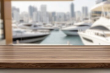 Fototapeta premium Wooden table with harbor view