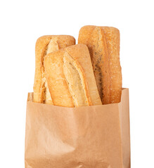 Freshly baked bread loaves emerging from paper bag with transparent background