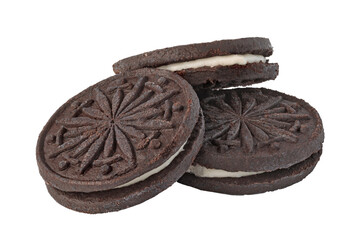 Two chocolate sandwich cookies with cream filling on transparent background