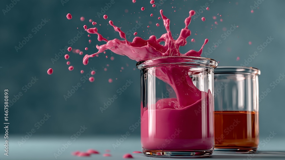 Poster two glass containers with pink liquid in them, one of which is almost empty. the other is full. the 