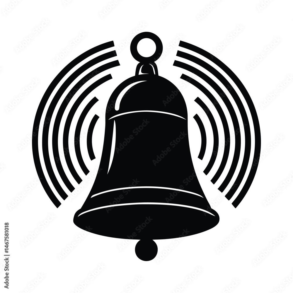 Poster a simple black and white bell silhouette with sound waves ideal for notification and alert symbols i