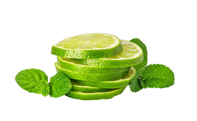 Stack of fresh lime slices with mint leaves on transparent background