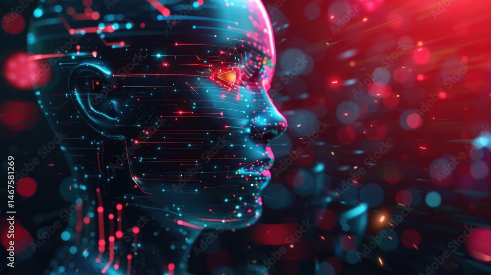 Poster science fiction picture of high tech robots for chat bot program, assistance technology about inform